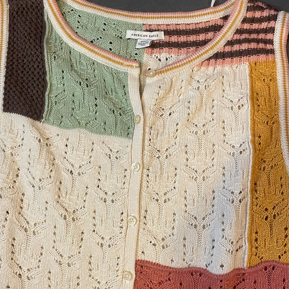 American eagle sweater vest crochet color block pink cream yellow button down